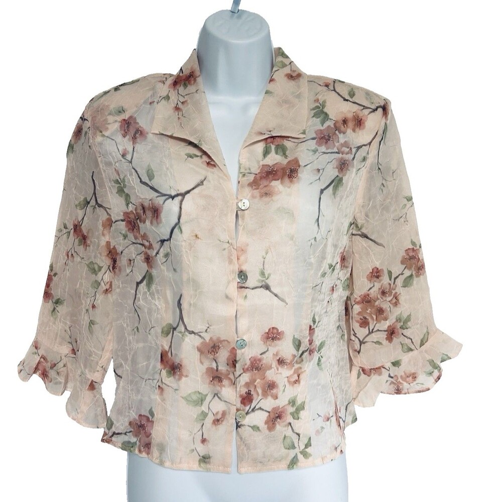 VTG Coldwater Creek Women's Petite 8P Sheer Overlay Top Jacket Pink Roses Button